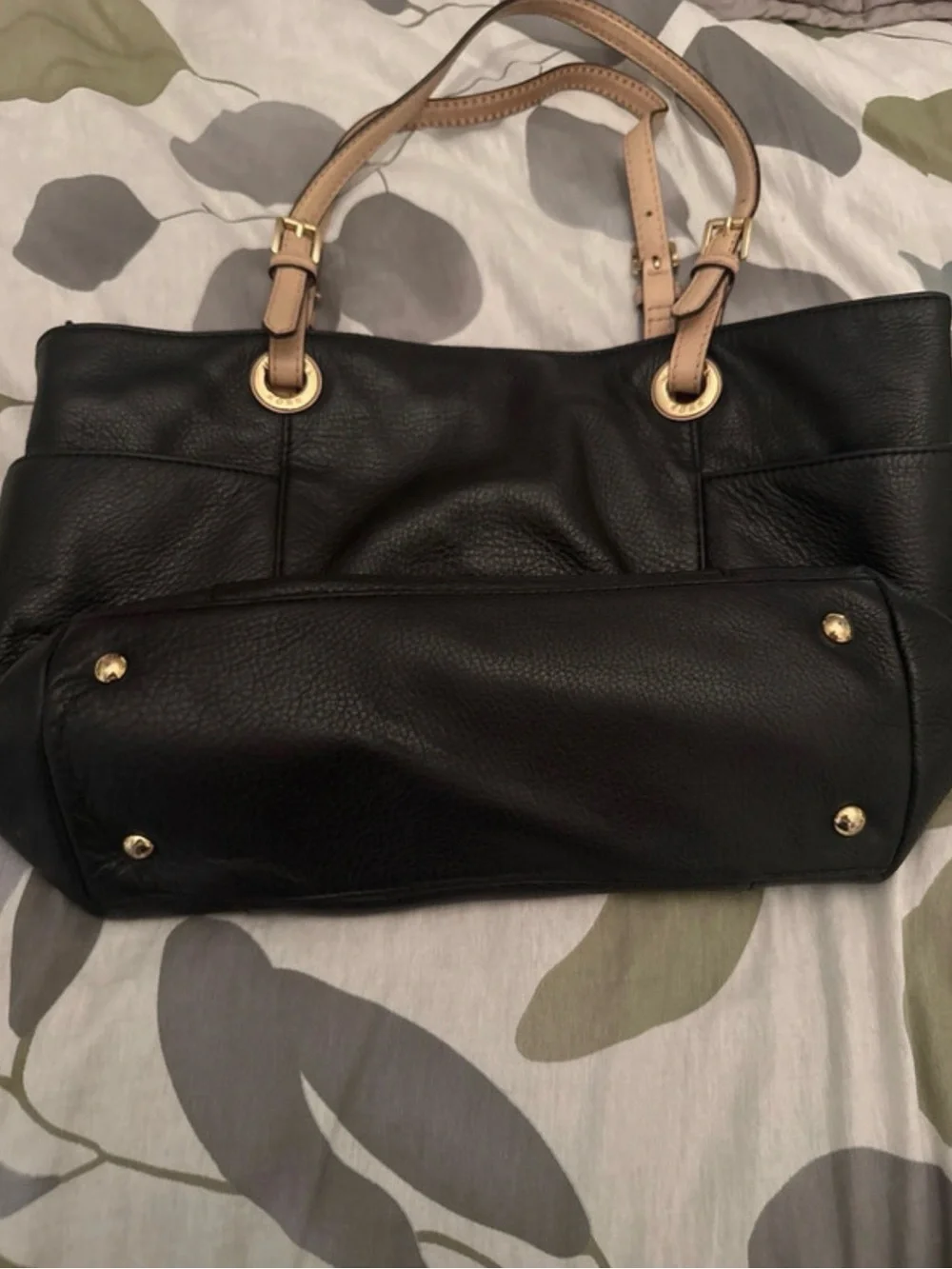 Michael Kors Black Pebbled Leather Tote with Tan Handles and Gold MK Charm